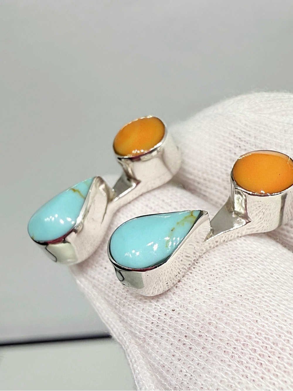 Native American Sterling Silver Teardrop Turquoise & Orange Coral Drop Earrings - Picture 9 of 12